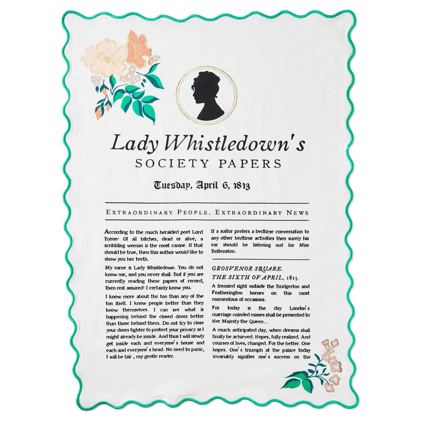 Bridgerton Lady Whistledown's Society Papers Tea Towel, 18x26